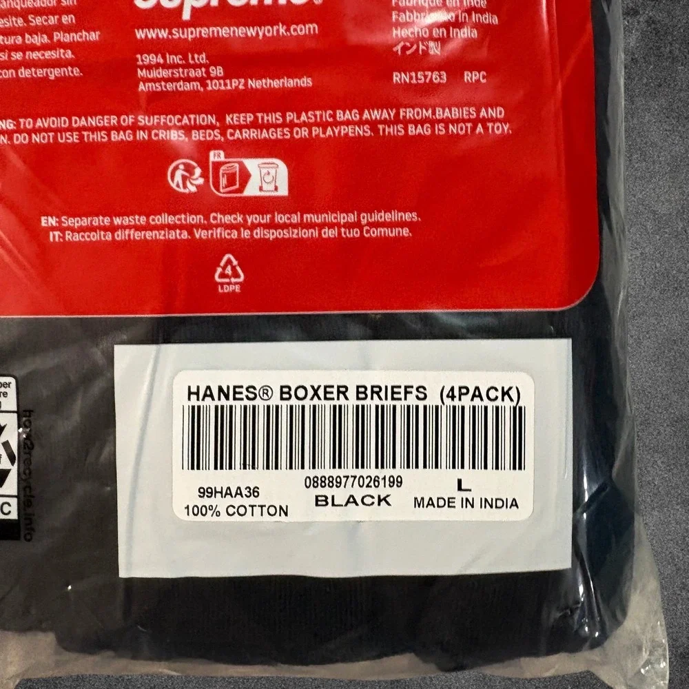Supreme Hanes Boxer Briefs Black Mens 4 Pack Size Large L 36-38 NWT Streetwear
